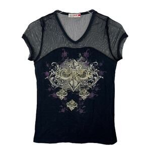 Vintage Y2K Mesh Fleur Baby Tee T-Shirt Rhinestones Bling Black Womens M Medium